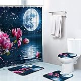 FEIFANMEI Full Moon Bathroom Rugs Sets 4 Piece Included Waterproof Shower Curtain Non-Slip Rug Toile