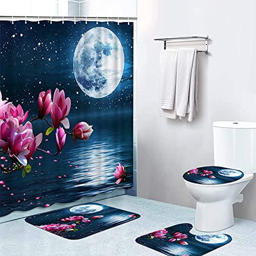 Feifanmei Full Moon Bathroom Rugs Sets 4 Piece Included Waterproof Shower Curtain Non-Slip Rug Toilet Lid Cover Bath Mat And 12 Plastic Hooks Pink Flower Shower Curtain Sets 72"X72" #TOP6
