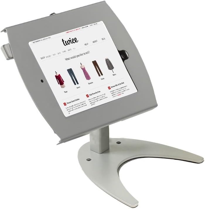 Displays2go iPad Counter Stand Mount, Fits 2-4 and iPad Air, Tabletop Kiosk, Card Reader Bracket, Locking Enclosure (Silver Steel)