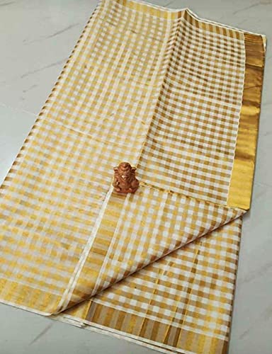 YETTALAN® Kerala Women's Traditional Cotton Checked Sari Gold with Running Blouse