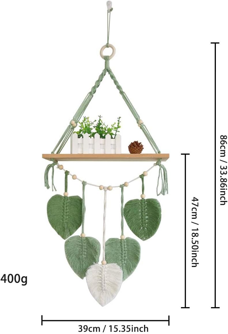 JUNY Macrame Wall Hanging Shelf, Boho Wall Plant Hanger Shelves with Handmade Woven Leaves, Rustic Wood Storage Display Shelf for Kitchen, Bathroom, Home Storage, Floating Plant Shelf, Green Leaves