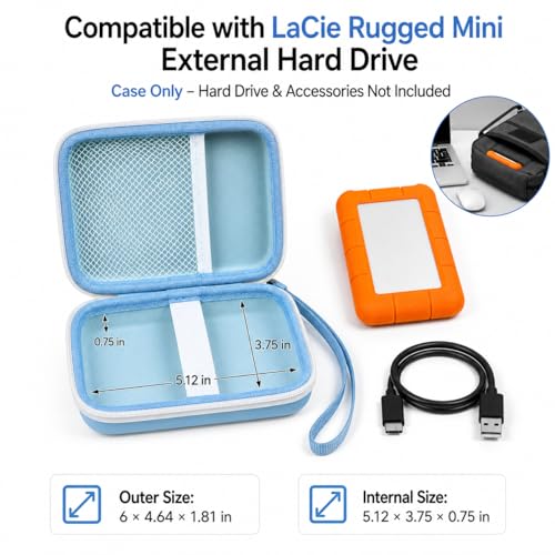 Image of ALKOO Case for LaCie Rugged Mini 1TB /2TB /4TB /5TB External Hard Drive | Portable HDD Holder, Cable Pocket, SD Card Storage, for Photographers, Creators, Students, Office, Travel, Case Only, Bule