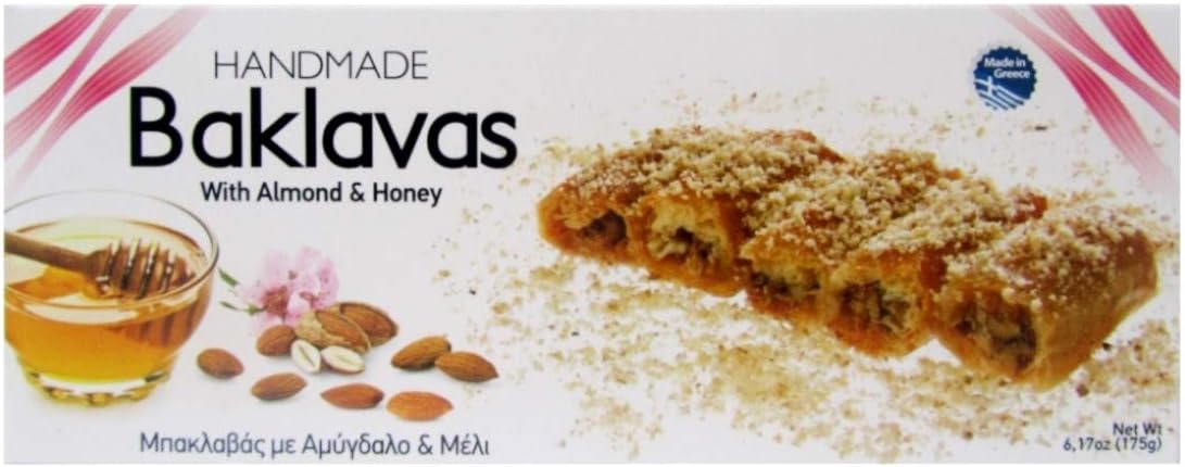 Handmade Baklavas - All Natural - Choose Your Favorite Filling - Imported from Greece - Candianuts - 6.17 oz box with 5 pieces (With Honey & Almonds)