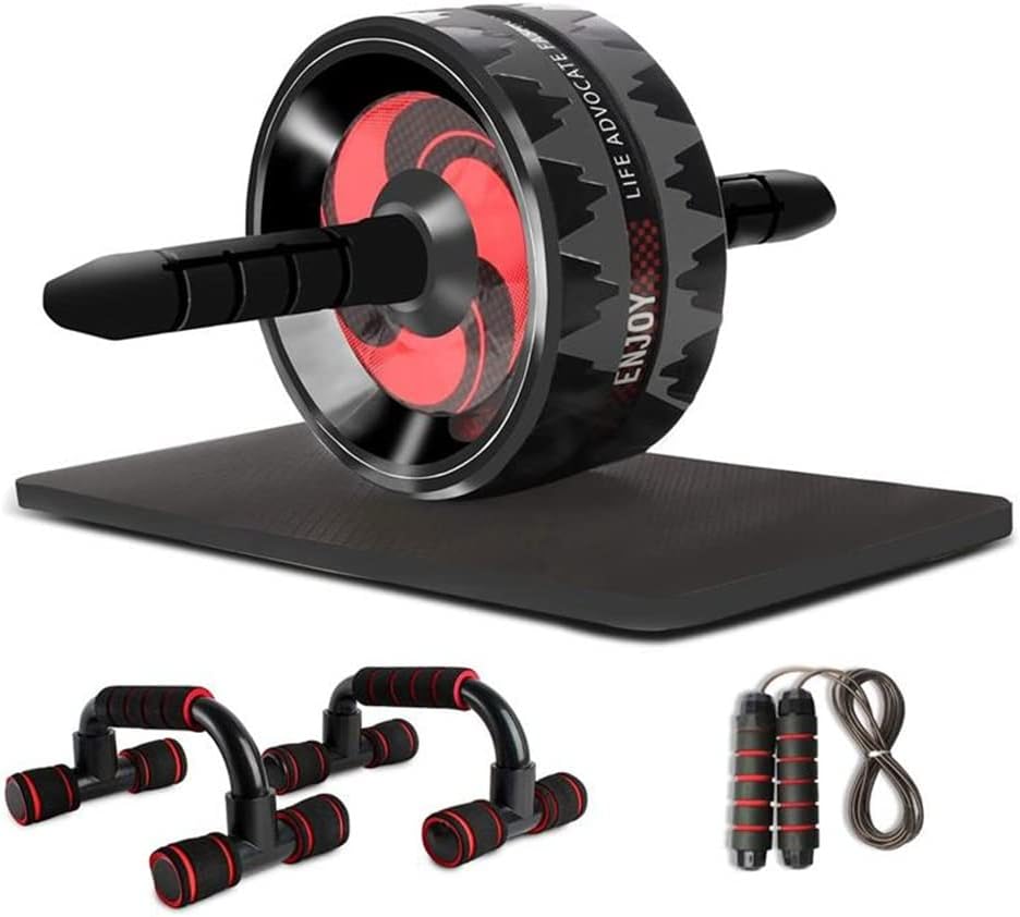 3 in 1 Ab Roller&Jump Rope&Push Up Stand Bar Abdominal Wheel with Mat for Arm Waist Leg Exercise Gym Fitness Equipment (Color : Red)