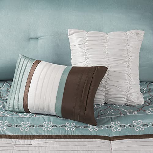 Madison Park Essentials Jelena Room In A Bag Faux Silk Comforter Classic Luxe All Season Down Alternative Bedding, Matching Bedskirt, Curtains, Decorative Pillows, Queen(90"X90"), Seafoam 24 Piece #TOP4