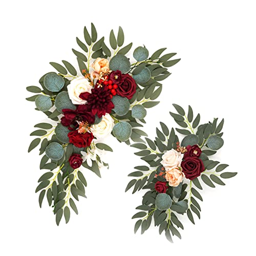 BEIJIALY 2pcs Wedding Arch Decor Rose Flower Swags, Rustic Artificial Floral Swag for Lintel, Green Leaves Peony Door Wreaths for Wedding Ceremony Floral Decor