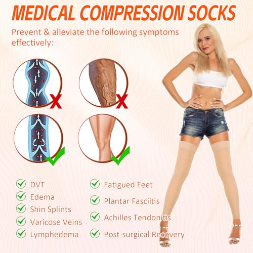 Image of Thigh High Compression Stockings for Women Men, 20-30mmHg Footless Graduated Compression Socks with Silicone Band, Medical Support Sock for Varicose Veins, Edema, Post-Surgery, Sports