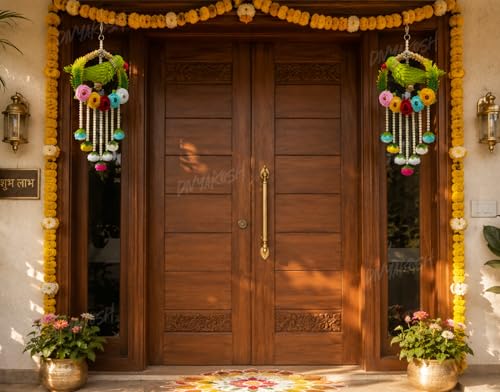 Image of Divyakosh Handmade Parrot Hanging for Home Decor Set of 2 | Indian Festive Door Wall Hanging with Pearl Tassels & Floral Design| Latkan for Diwali, Wedding, Housewarming, Living Room & Balcony
