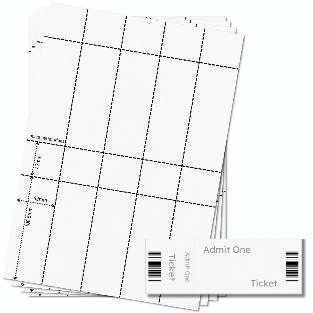 OfficeGear Event Tickets with Stub 10-up [50 Sheets - 500 Pack] 148.5x42mm Printable White A4 150gsm Micro-Perforated Card for Event Tickets, Raffle, Concert, Admission Incl Design Template