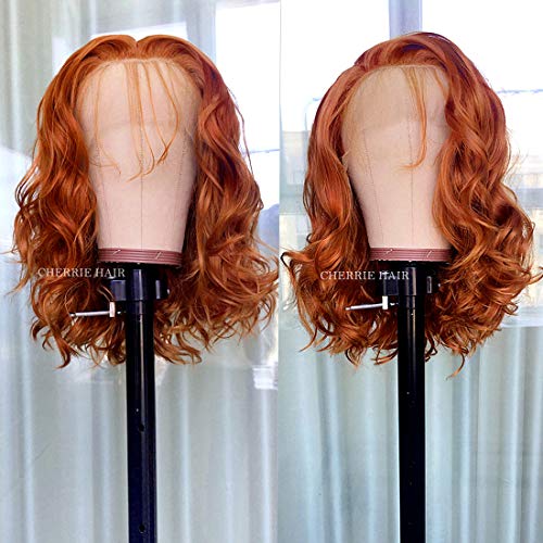 Orange Lace Front Wigs with Baby Hair Glueless Short Body Wave Synthetic Lace Front Bob Wig Free Part Natural Hairline Heat Resistant Fiber Wig for Women(14 Inch)
