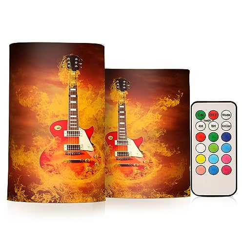 Image of Flickering Flameless Candles, Rock Guitar in Fire Flames LED Candles with Remote Timer, Set of 2 Battery Operated Candle for Valentine Wedding Birthday