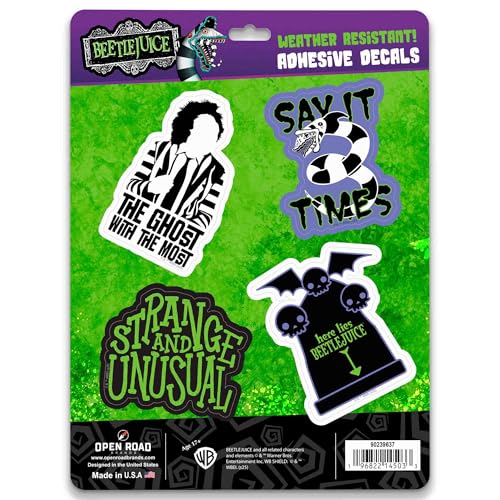 Beetlejuice Iconic Adhesive Vinyl Decals - Gothic Horror Beetlejuice Stickers for Car Laptop or Water Bottle 1 Pack (4 Count)
