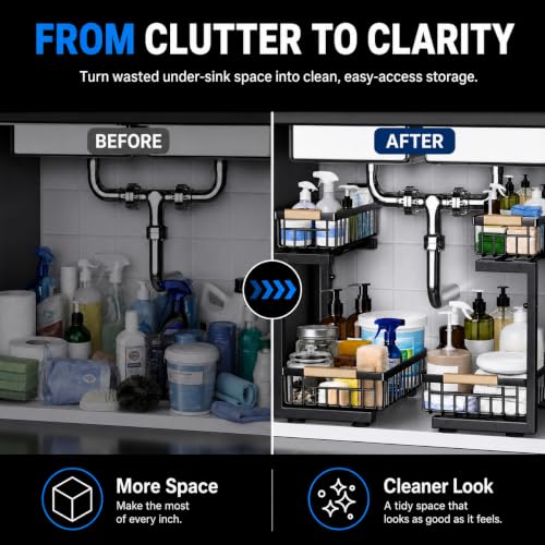 Image of Under Sink Organizer 2 Pack, Double Slide Out Metal Shelf, Black
