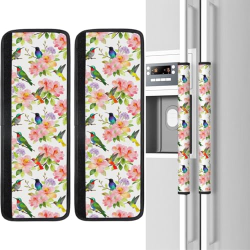 Image of Hummingbirds Refrigerator Door Handle Covers Set of 2, Spring Floral Neoprene Fridge Door Handle Covers Washable Non-Slip Protector for Fridge Dishwasher Appliance, Keep Your Kitchen Clean