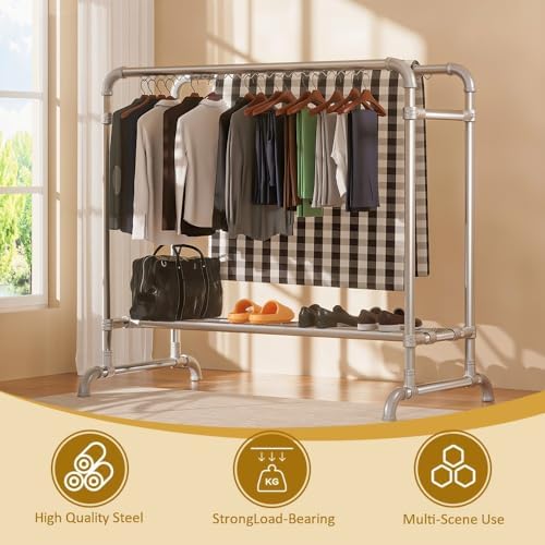 Adjustable Shoe Rack and Clothes Drying Rack with Coat Stand, Double Rods Steel Clothes Rail, Ideal for Bedroom, Office, Shop & Courtyard（200cm）