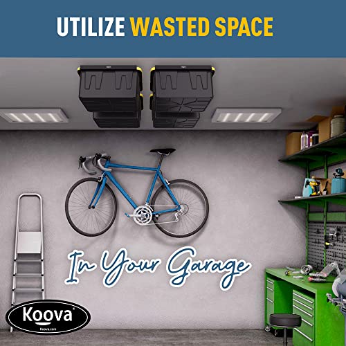 Image of Koova Heavy-Duty Overhead Garage Storage Rack for 4 Bins. Adjustable Width, 160lb Capacity. DIY Safe Ceiling Mount, Easy Install. Fits 27-Gallon Totes. USA Made Pro-Grade Steel. Space Saving Organizer