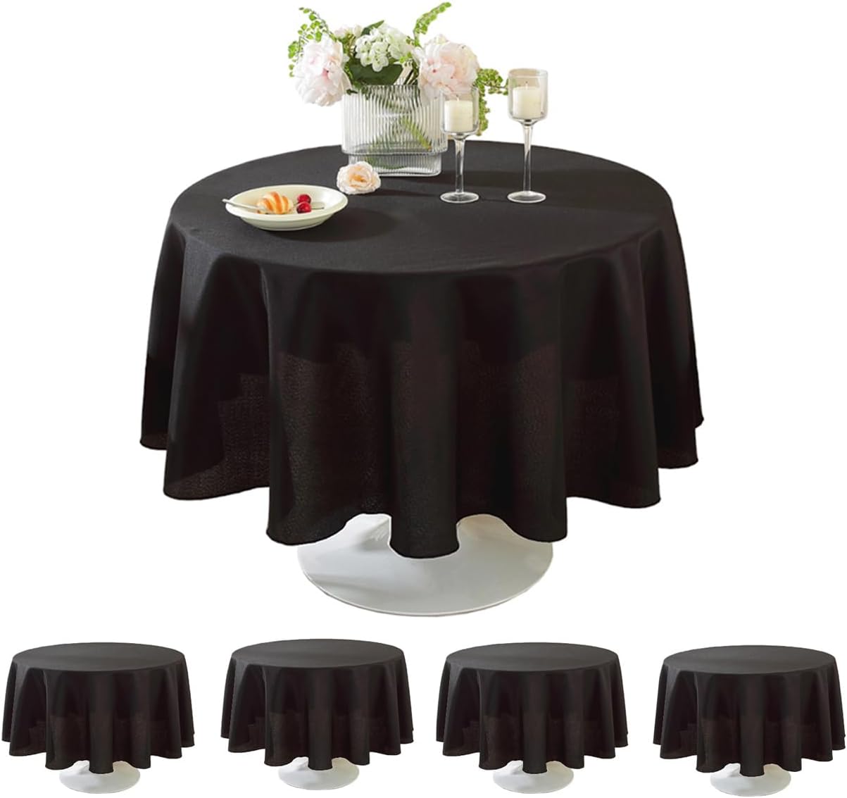 Craft And Party 5 Pack Round Tablecloth 90 Inch Black Tablecloth, Polyester Fabric Washable Table Cloth for Home, Party, Wedding or Restaurant Use.