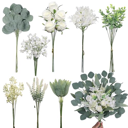 VIERENA Artificial Greenery Stems Box Set(Pack of 75pcs) with 8 Kinds of Faux Plants and Fake Flowers for DIY Wedding Bouquet Table Centerpieces and Floral Arrangement (White&Green)