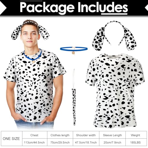 Toulite 4 peças de fantasia de cachorro dálmata para adultos, inclui camisa de couro, orelhas de cac