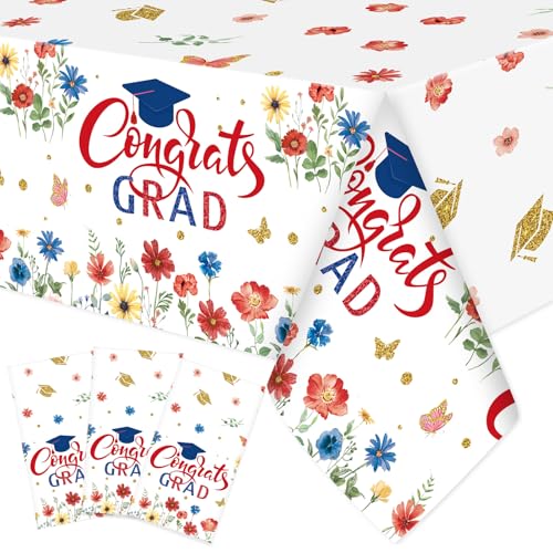 Image of Ganeen 3 Pcs Graduation Tablecloth Floral Class of 2026 Congrats Grad Table Cloth Red Blue Disposable Plastic Rectangle Table Cover for 2026 Graduation Decoration Grad Party Supplies, 54 x 108 Inch