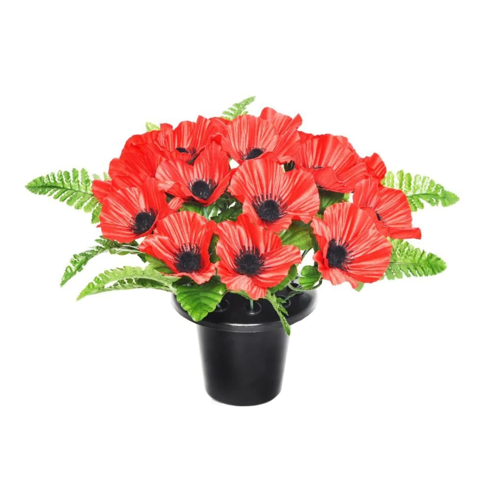 Memorial Red Artificial Silk Poppy & Fern Grave Pot