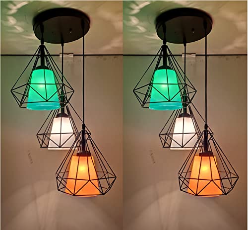 Image of Arus Metal and Glass Diamond Shaped with Glass Piece 3 Light Combo Ceiling Light for Home and Office (Multicolor Pack of 2 Set)