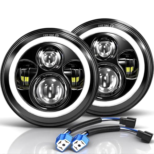 MGLLIGHT 7 Inch LED Headlights Round Halo Angel Eyes DRL Amber Turn Signal Lights H6024 LED Headlights Replace High/Low Sealed Beam Fits Wrangler JK TJ LJ CJ with H4 H13 Adapter, 2PCS