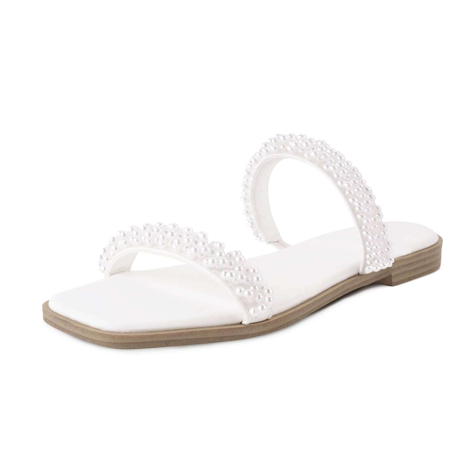 Photo 1 of *MAJOR DAMAGE*
LACUONE Pearl Strap Flat Sandals For Women Slip On Square Open Toe Slides Sandals(6,White pearl)