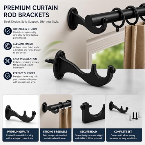 Image of Elite Aluminum Curtain Rod Brackets - Heavy-Duty Wall Mount Clamps for Curtain Rod Support for Door and Window Curtain Rods with Screw and Wall Plug - Pack of 2PCS (Royal Black)
