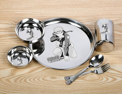 Image of Customised /Laser Photo Print Stainless Steel Round Lunch & Dinner Set for Kids Dinner Plate (6 Piece Set) (Naruto)
