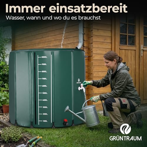 GRÜNTRAUM Regentonne faltbar 1000L XXL – Regenfass groß/Regenwassertonne/Wassertank faltbar – Wasserfass stabil – witterungsbeständig – mit Füllstandsanzeige & Air Wing System Garten (Grün, 1000L)