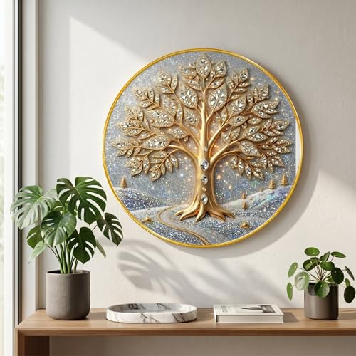 Image of SAF Tree of Life Wall Painting with Golden PVC Frame Round Luxury Wall Art Modern Decorative Design for Living Room Bedroom Office Home Decor Elegant Gift Item (20 x 20 Inch) GRL-358