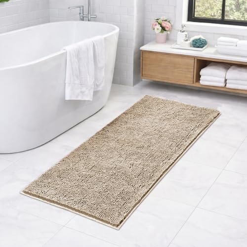 Image of LUXE HOME INTERNATIONAL Shaggy Chenille Bath Mat Extra Soft Super Absorbent Anti Skid Slip Popcorn Door Mats for Home Entrance, Bathroom, Bedroom, Kitchen, Floor Mat (60x120 cm Beige) Pack of 1