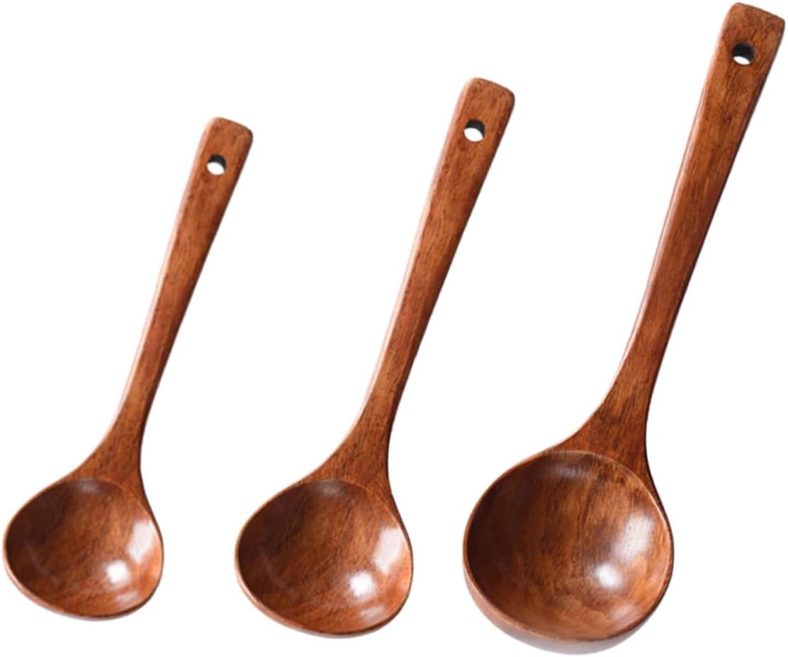 3pcs Wooden Soup Spoons Long Handle Kitchen Utensils Food-grade Serving Spoons for Home and Restaurant