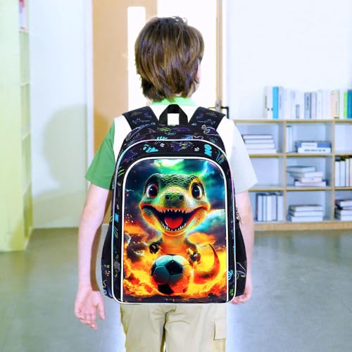 Image of 3Pcs Dinosaur Backpack for Boy, 16 inch Soccer Bookbag for Elementary Preschool Kindergarten, Kids School Backpacks with Lunch Box (Black)