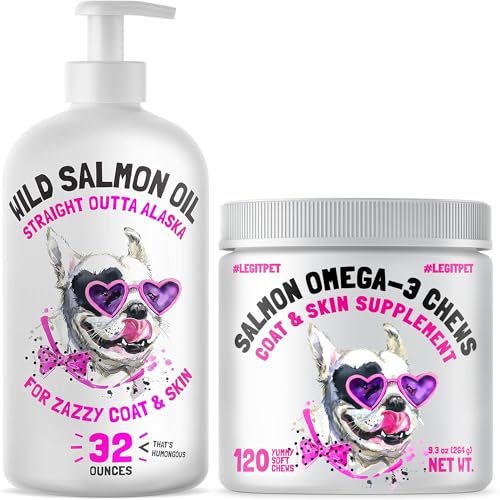 Skin, Coat & Brain Support System for Dogs Wild Alaskan Salmon Oil 32 oz + Omega-3 Soft Chews (120 ct) Complete Daily Omega Routine for Healthy Skin, Shiny Coat & Cognitive Support