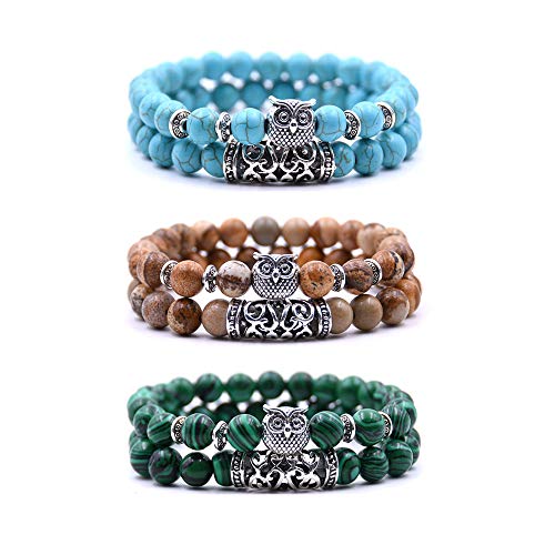 crintiff - Pulsera de búho - Tres Pulseras de Cuentas con Amuleto de Cabeza de búho Engarzado - Pulseras de la Suerte (Marrón, Verde y Turquesa) Cover