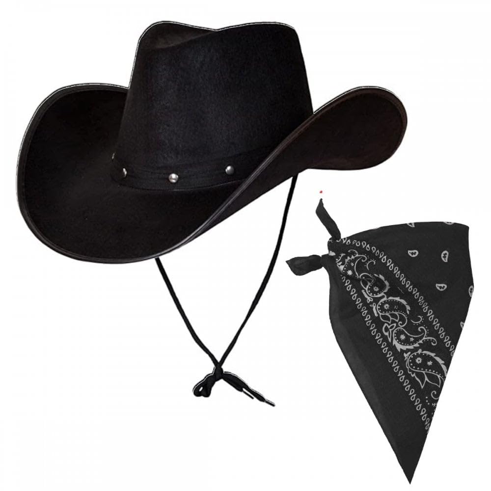 Titch & Timbo Black Texan Cowboy Hat + Bandana Set : Adult Mens Womens Western Wild West Rodeo Barn Dance Cowgirl Music Festival Pop Tour Fancy Dress Accessory (Paisley Bandana, Black Bandana)
