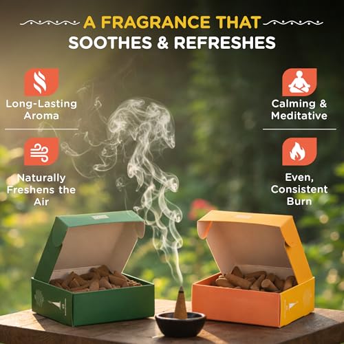 Image of HelpUsGreen Natural Dhoop Cones Eucalyptus and Mogra (80 Cones Pack of 2)|Charcoal Free Organic Low Smoke Long Lasting Incense Cones for Pooja Samagri, Home Fragrance, Meditation|Free Ceramic Holder