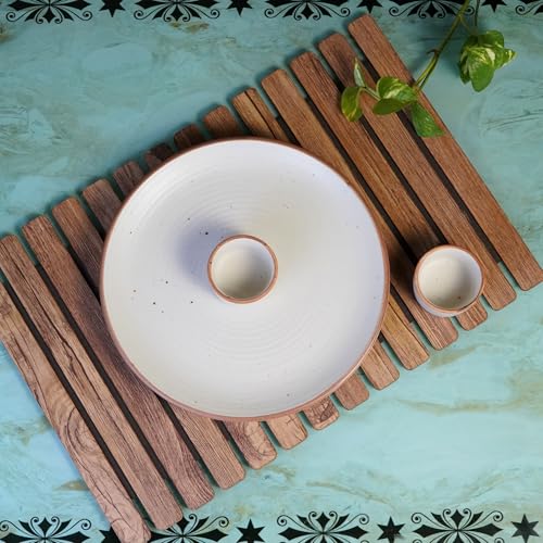 Image of Freakway 3-Piece Ceramic Dinner Set, Speckled White Stoneware with 1 Dinner Plate and 2 Dipping Bowls