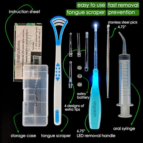 Airgoesin Professional Tonsil Stone Remover Tool LED Light (Blue) | Stainless Steel Extract Throat Stones Oral Care | Irrigation Syringe | Tongue Cleaner Scraper