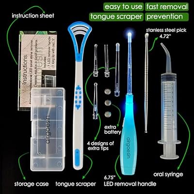 Professional Tonsil Stone Remover Tool LED Light (Blue) | Stainless Steel Extract Throat Stones Oral Care | Irrigation Syringe | Tongue Cleaner Scraper