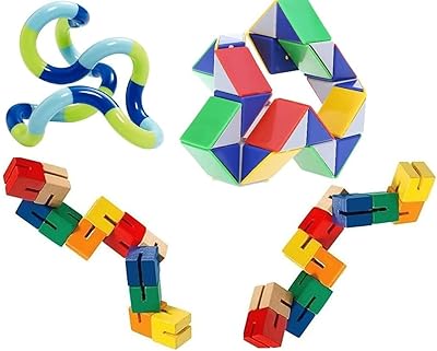 Set of 4 Fidget Stress Reliever Brain Teaser Dexterity Decompression Pack Including a Tangle Jr Wooden Fidget Cubes and Snake Cube Puzzle