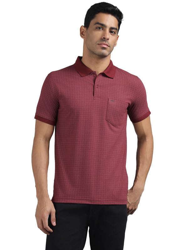 Men Maroon Regular Fit Checked Polo Neck T-Shirt-image-1