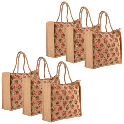 Image of Kuber Industries Pack of 6 Multi-purpose Jute Lunch Bags For Office Men /Women | Reusable Grocery Bag with Zip & Handle | Carry bag For Office Employees | Strawberry Print - Red & Brown