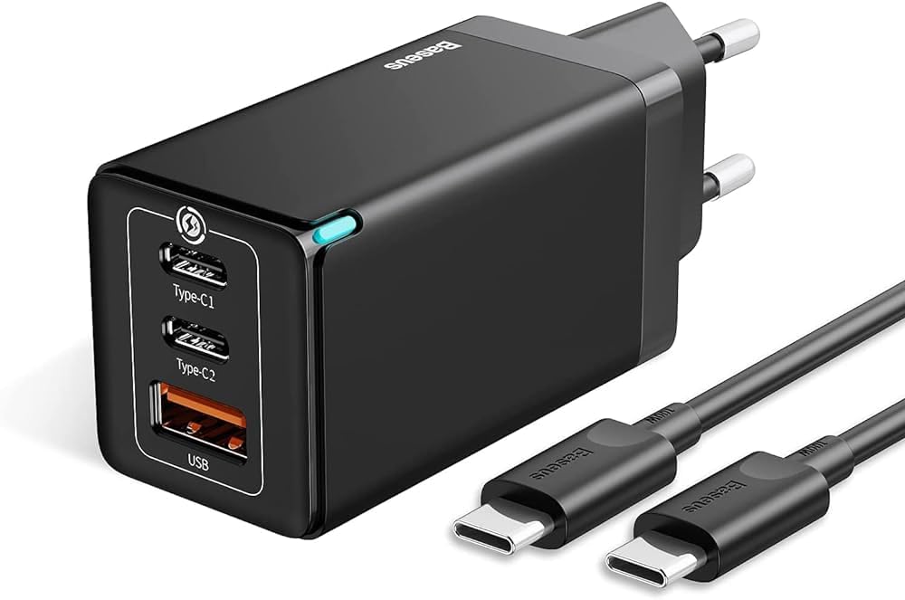 Baseus Travel Charger Gan5 Pro Fast Wall Charger, C+C+U, Qc, Afc, Pd 65W With Type-C To Type-C (100W) 1M, Black Eu (CCGP120201)-image