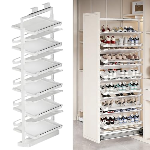 4-15 Tier Cabinet Pull Out Shoe Rack, Adjustable Pull Out Shoe Organizer for Closet and Wardrobe Cabinet, Heavy Duty Slide Out Shoe Storage System, Under Stairs Storage, Fits Depth 17.7"-34.3"