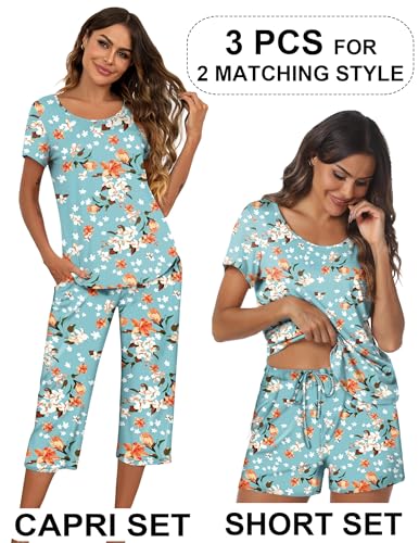 Image of Ekouaer 3 PCS Capri Pajamas for Women Set Short Sleeve Pajama Lounge Sets | Floral Pj Sets Top and Capri Pants Soft Comfy Sleepwear with Pockets for Home, Daily Wear for Mom, Wife, Grandmother