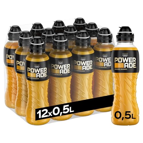 Powerade Sports Golden Mango, kalorienarmes Sport Getränk mit Mango-Geschmack, mit Elektrolyten, Sport Drink in stylischen Einweg Flaschen, 500 ml (12er Pack)
