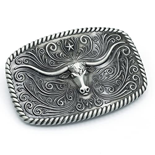 Western Longhorn Bull Rodeo Belt Buckle-Antique Silver Large, For Men & Women #TOP4